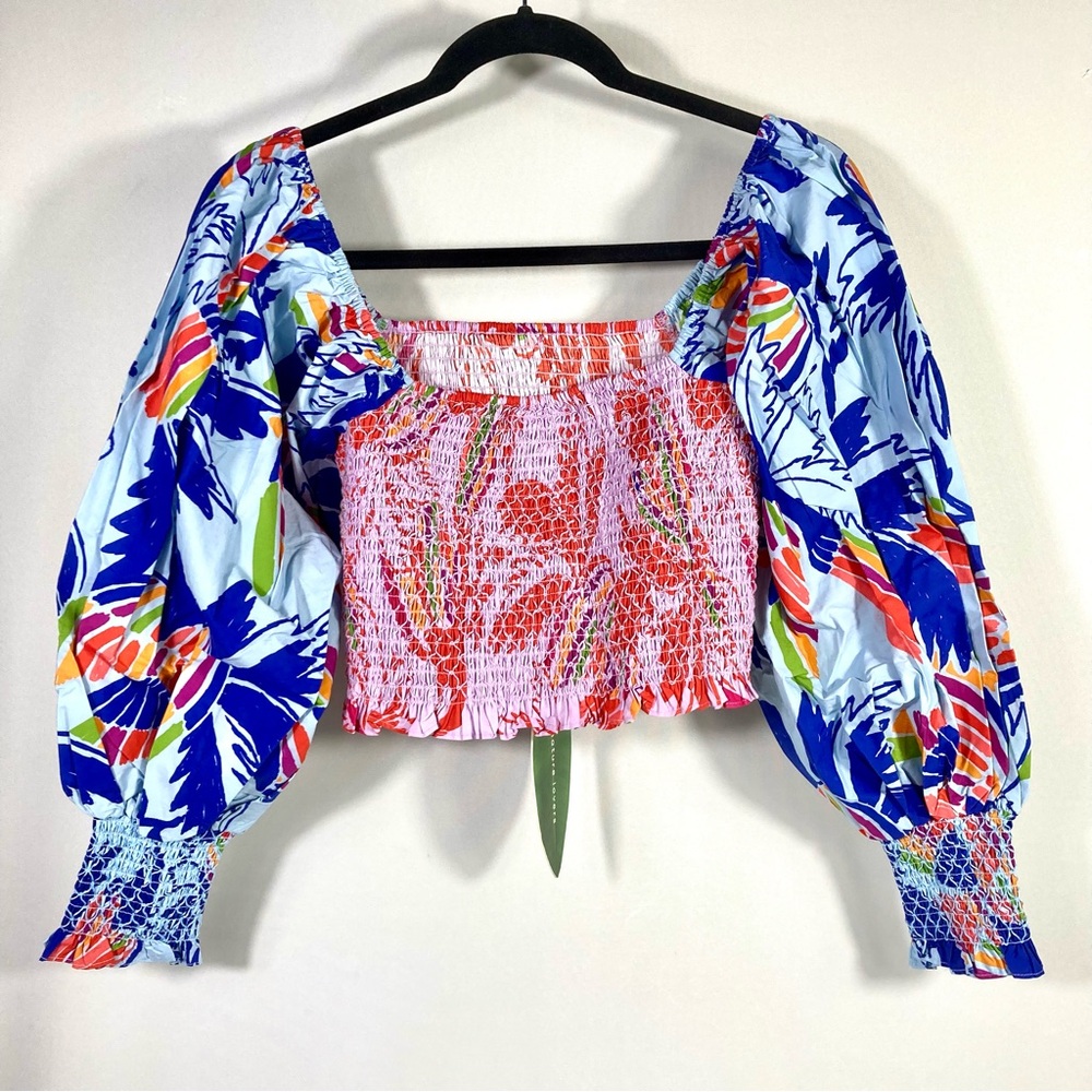Farm Rio Mixed Print Smocked Cotton Crop Top Puff Sleeve Medium NWT - Picture 7 of 12